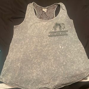 Loose fitting marbled grey racerback tank top with lace and elephant detail.
